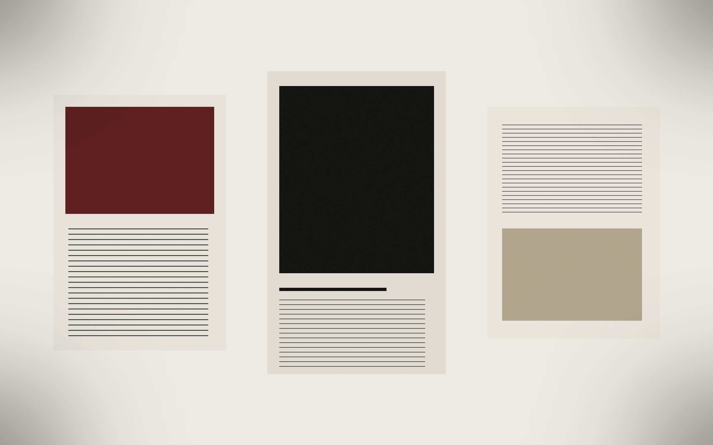 Three magazine spreads laid out on a Cream paper background — restrained typography, generous margins, deep ink.